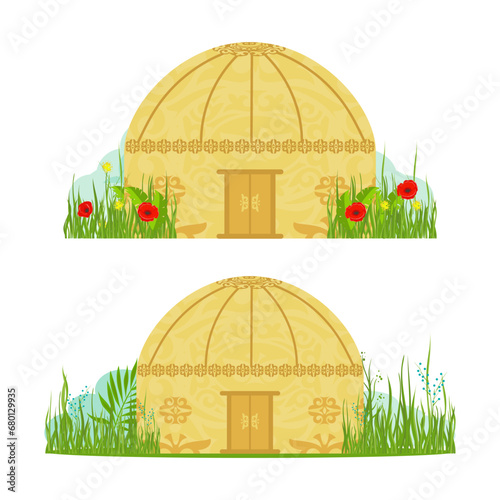 A yurt in a clearing. Grass and flowers. Kazakh national housing. Vector set.