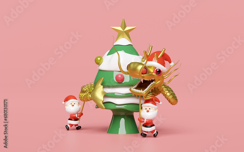 3d gold Chinese Dragon Dance with santa claus  christmas tree  star. merry christmas and happy new year  3d render illustration