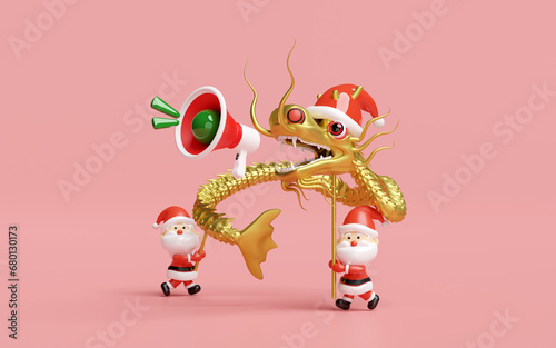 3d gold Chinese Dragon Dance with santa claus, megaphone or hand speaker, announce promotion news. merry christmas and happy new year, 3d render illustration