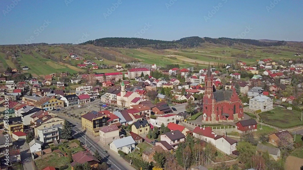 Kolaczyce, Poland - 9 9 2018: Photograph of the old part of a small town from a bird's flight. Aerial photography by drone or quadrocopter. Advertise tourist places in Europe. Planning a 