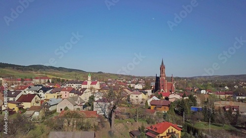 Kolaczyce, Poland - 9 9 2018: Photograph of the old part of a small town from a bird's flight. Aerial photography by drone or quadrocopter. Advertise tourist places in Europe. Planning a  photo