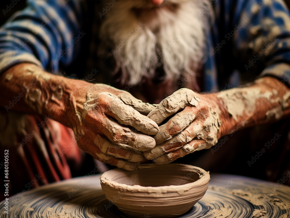 Elderly man making clay pot from hands - ai generative