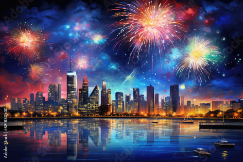 The beauty of New Year s fireworks illuminating the night sky over a city skyline. Generative AI