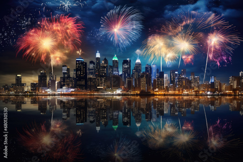 The beauty of New Year's fireworks illuminating the night sky over a city skyline. Generative AI © Nhan