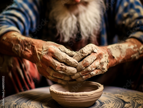 Elderly man making clay pot from hands - ai generative