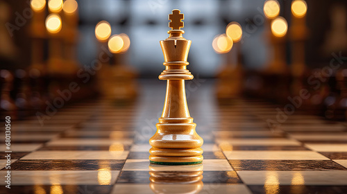 a Chess pieces on chessboard, competition success and strategy game play