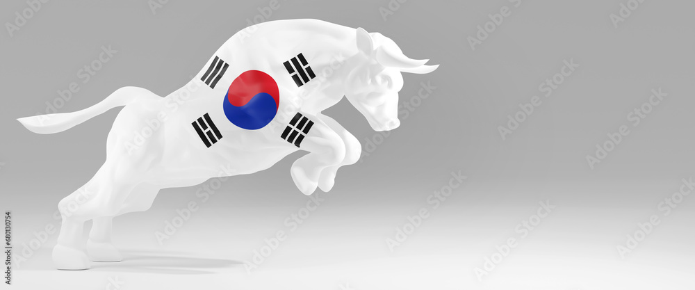 Horizontal banner of a bull with South Korea flag on plain empty grey background. Presentation background image with copy space represents Korea bull stock market. 3d rendering Horizontal banner of a bull with South Korea flag on plain empty grey background. Presentation background image with copy space represents Korea bull stock market. 3d rendering