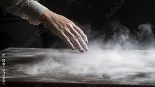 Woman preparing dough on table - ai generative