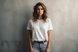 mock up of woman in white t-shirt on studio background