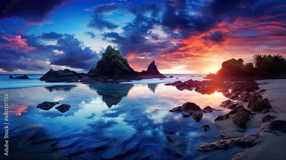 Fototapeta premium blue sky and sea, Colorful sunset over ocean, sky over the sea, vibrant sunset over a serene lake, with colorful reflections shimmering on the water
