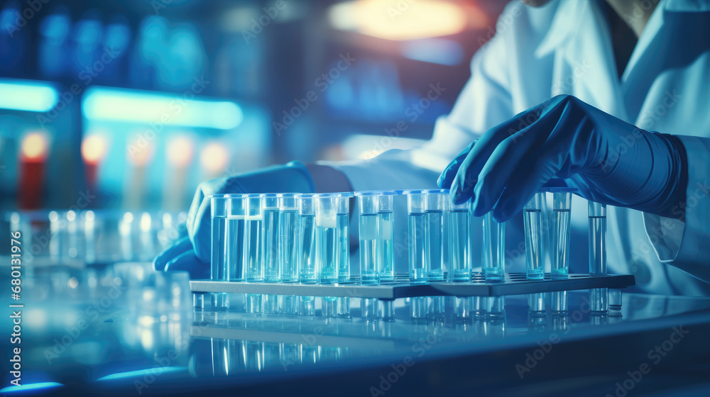 Scientist or medical in lab coat holding test tube with reagent, Laboratory glassware containing chemical liquid, Microscope, Biochemistry laboratory research. Scientist or medical in lab coat holding test tube with reagent, Laboratory glassware containing chemical liquid, Microscope, Biochemistry laboratory research.