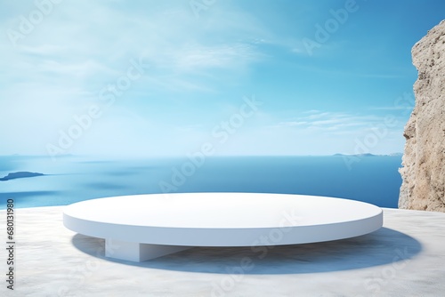 a white platform on a concrete surface with a body of water in the background