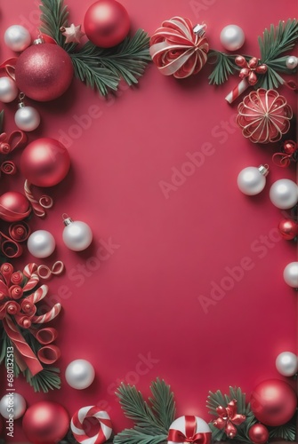 Christmas background with copy space. Top view New Years  card illustration with presents and pine Tree