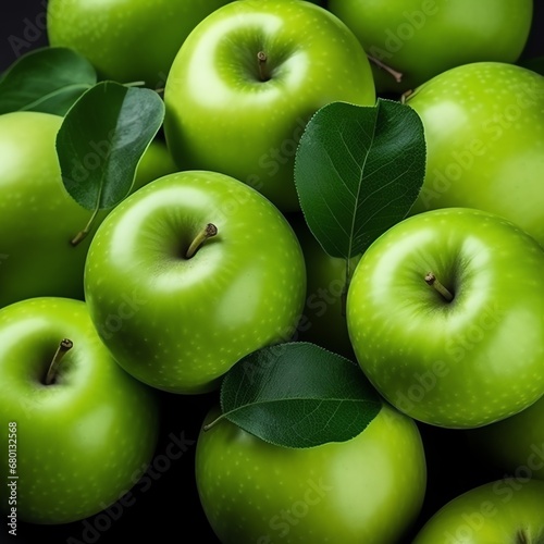 a group of green apples with leaves