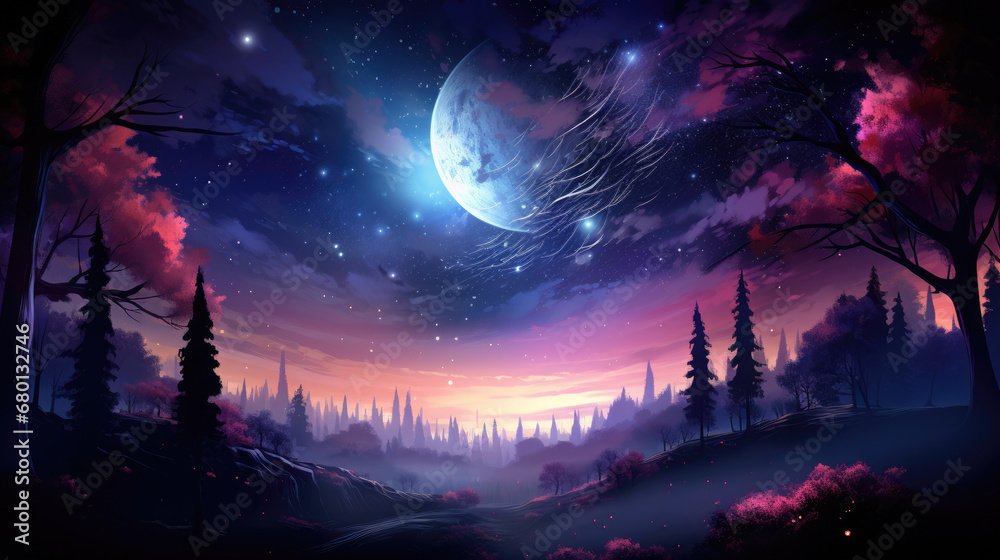 lanscape sky with stars,  Galaxy Moon Sky in Forest,starry sky. Misty hills, rising moon, dark forest, mountains - obrazy, fototapety, plakaty 