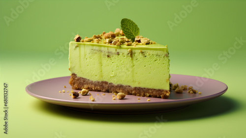 Green tea cheesecake with pistachios and mint on a green background. AI Generative photo