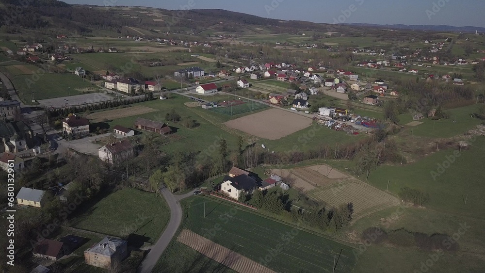 Biezdziadka, Poland - 4 9 2019: Panorama from a bird's eye view. Central Europe: The Polish village of Kolaczyce is located among the green hills. Temperate climate. Flight drones or quadrocopte