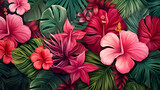 tropical background with pink and red flowers and mixed green leaves background