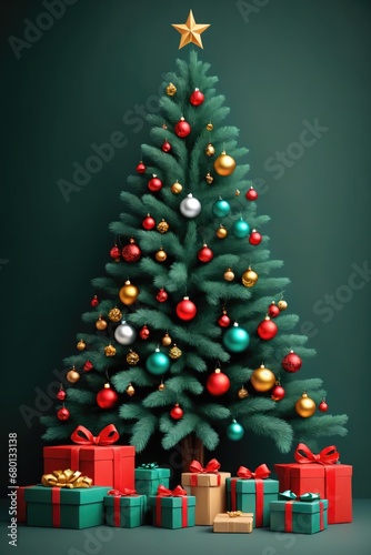 Christmas background with copy space. Top view New Years' card illustration with presents and pine Tree