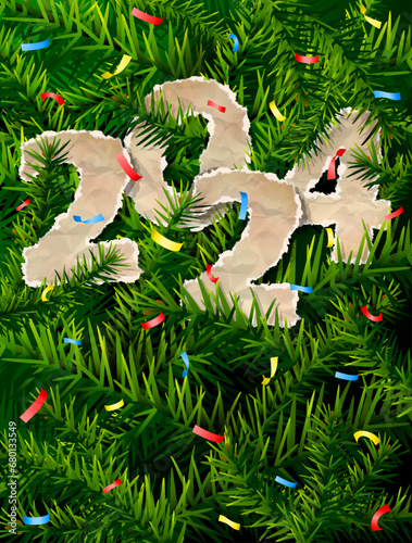 New Year 2024 of crumpled paper between pine twigs. Paper year numbers is strewn with confetti on christmas tree. Vector image for new years day, christmas, winter holiday, new years eve, silvester