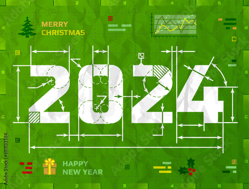 New Year 2024 as technical blueprint drawing. Drafting of 2024 on crumpled paper. Vector illustration for new years day, christmas, winter holiday, new years eve, engineering, silvester, etc