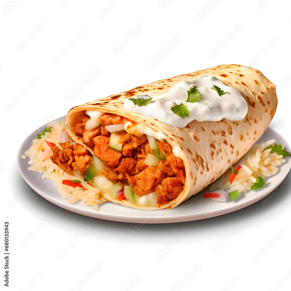Tortilla wraps with chicken and vegetables on a plate isolated on a white background. AI Generative
