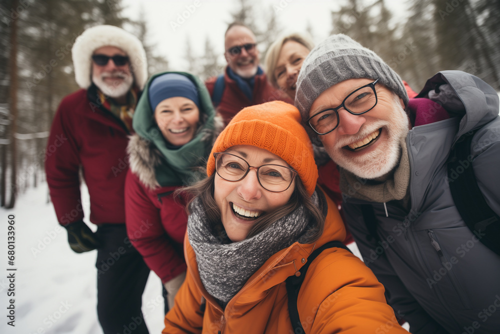 Elderly group of joyful individuals indulging in active winter leisure activities amidst picturesque snowy landscape, National Grandparents Day, International Day of Older Persons Elderly group of joyful individuals indulging in active winter leisure activities amidst picturesque snowy landscape, National Grandparents Day, International Day of Older Persons
