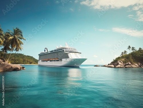 Luxury cruise ship departing from a tropical port photo