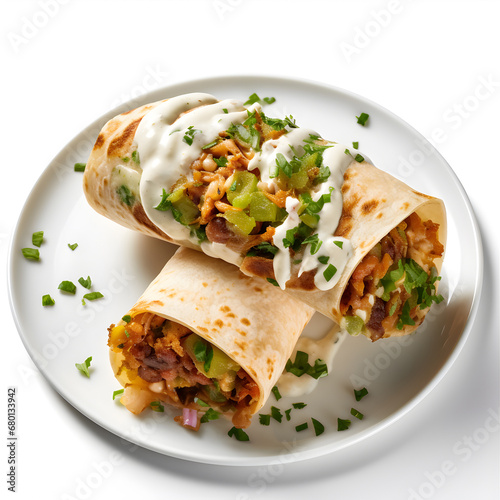 Mexican burritos with meat and vegetables on a white background. AI Generative