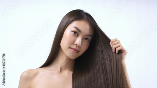 A close-up shot of a Asian woman with long, brunette hair holding a strand, showcasing the health and shine of her hair against a white background
