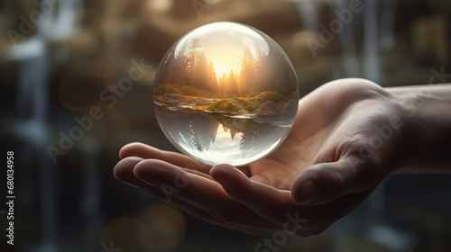 A hand gracefully holding a crystal ball, within which are swirling elements representing commitment, balance, participating, setting boundaries, and sustainability created with Generative Ai