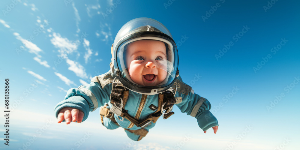 Blonde baby in skydiving suit falling through blue sky. Blonde baby in skydiving suit falling through blue sky.