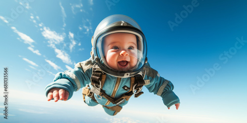 Blonde baby in skydiving suit falling through blue sky.