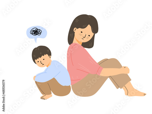 Sad boy sitting hugging knees with his mother sitting beside for listen him, flat vector illustration.