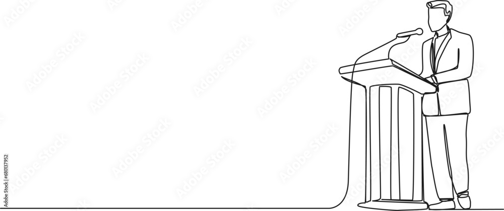 continuous single line drawing of speaker at lectern, line art vector illustration - obrazy, fototapety, plakaty 