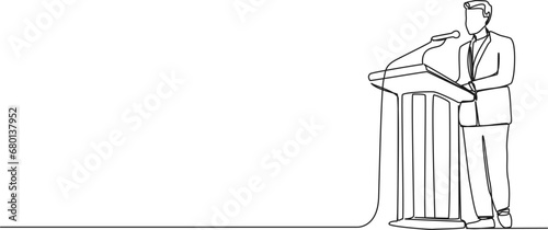 continuous single line drawing of speaker at lectern, line art vector illustration