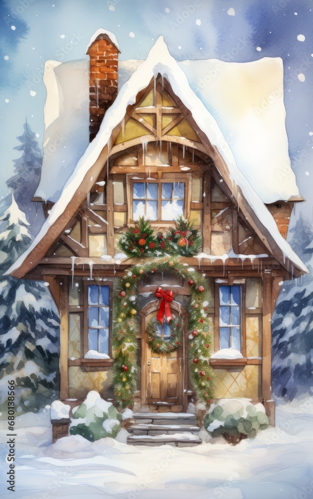 Fototapeta premium watercolor cottage under a soft snowfall, welcoming with its festive wreath