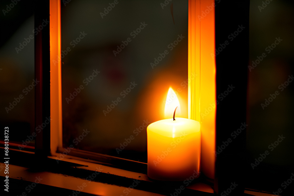 A solitary candle burns in a window, a symbol of hope and guidance. Generative AI. A solitary candle burns in a window, a symbol of hope and guidance. Generative AI.