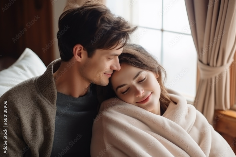 Loving couple embracing wrapped in a cozy blanket. Loving couple embracing wrapped in a cozy blanket.