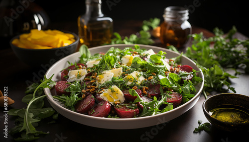 Fresh beetroot salad, made with arugula, cheese, olive oil and nuts. 