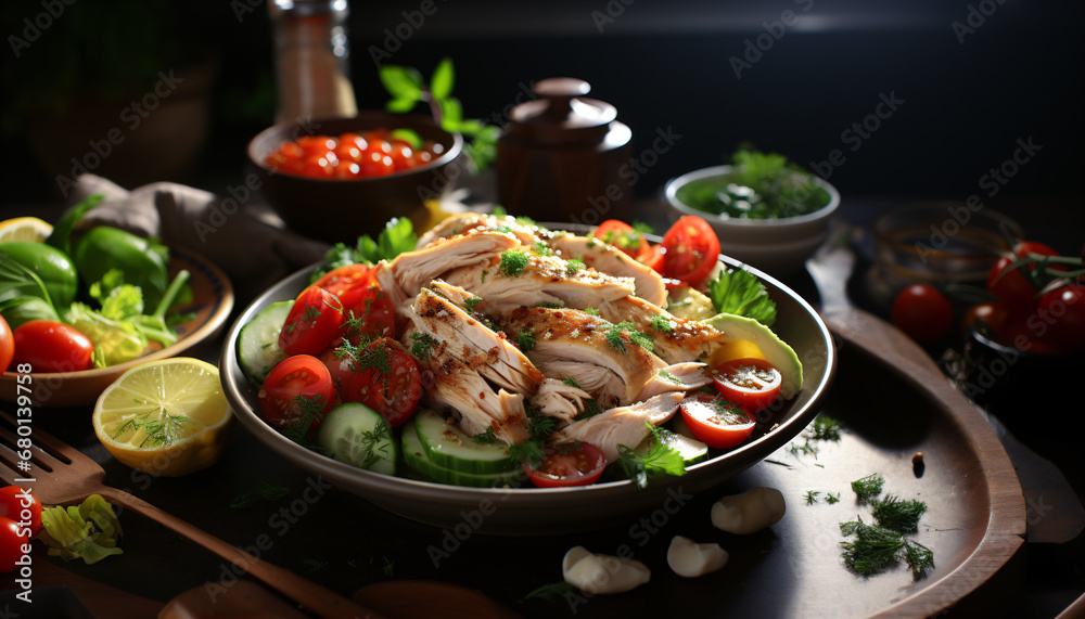 Delicious chicken salad, horizontal image. 