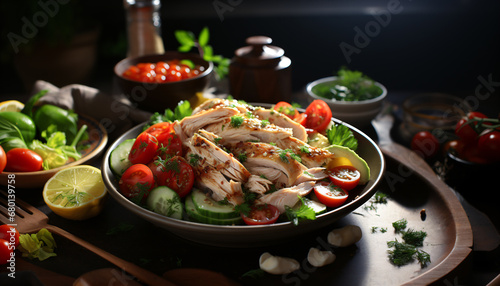 Delicious chicken salad, horizontal image. 