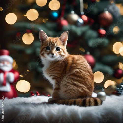 Cute Cat next to the Christmas tree