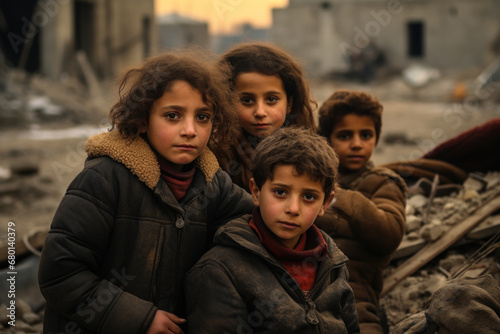 Somber children against a backdrop of destruction.