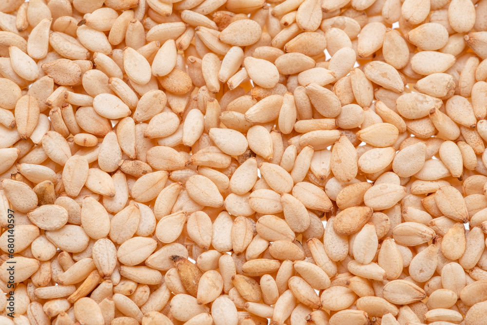 White sesame seeds closeup. Food background. White sesame seeds closeup. Food background.