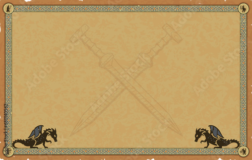 Large Parchment with Medieval Frame, Dragons, Crossed Gladiuses