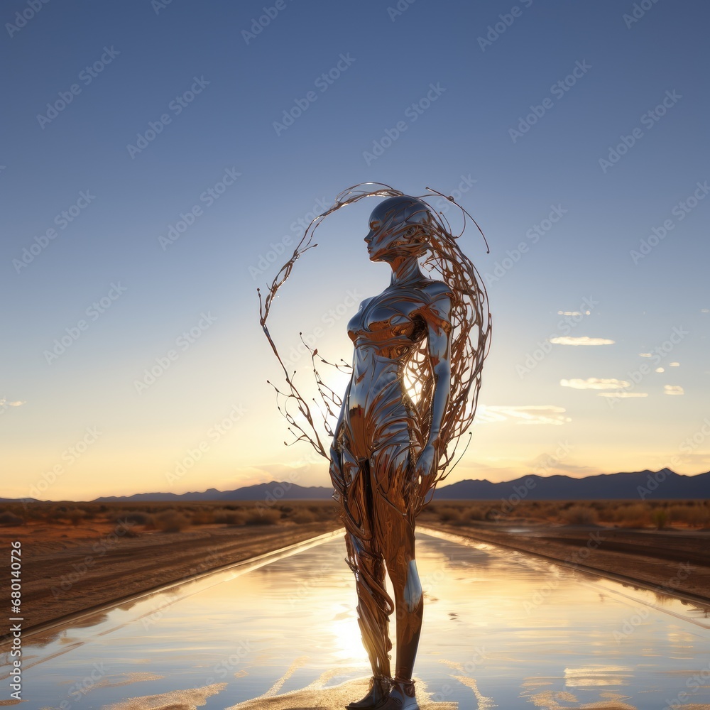 Chrome statue. Symbolism. Contemporary art. A silver sculpture erected