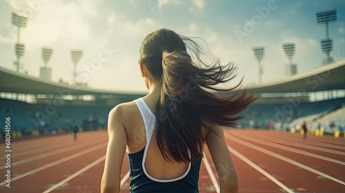 Athletic young woman running on a track in a stadium. Back view