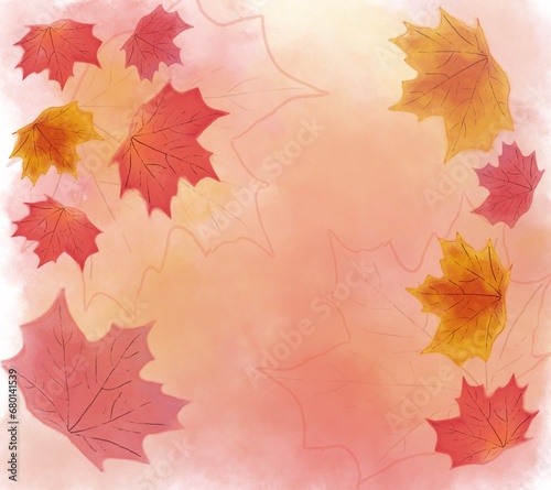 Watercolour autumnal background with maple leaves