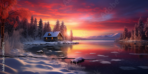 Lonely hut by the lake. Sunset over the lake. Fantasy winter forest landscape. Digital art 